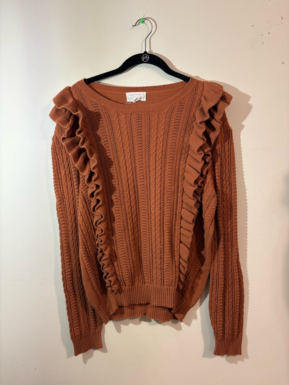 Love riche Ruffle-Trim Cable Knit Sweater women’s Large Rust ruffled shoulders